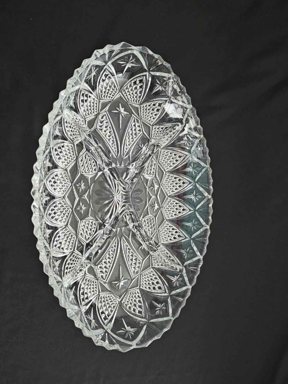 1950s French Crystal 4-Part Divided Serving Platter - Diamond Shield & Stars 11"